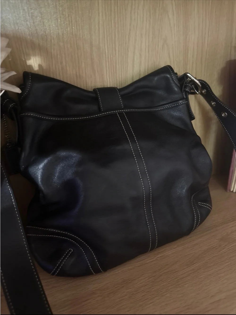 Black Leather Buckle-Front Shoulder Bag